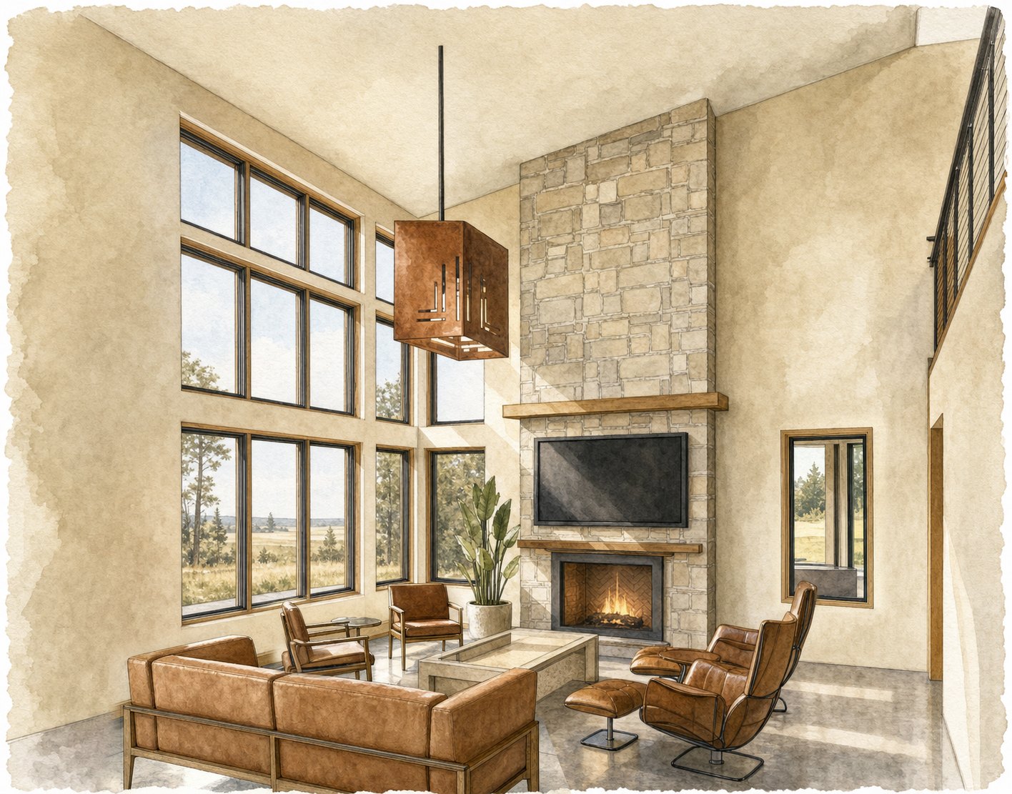 The living space at Stonewall Preserve, with the custom copper fixture above it.