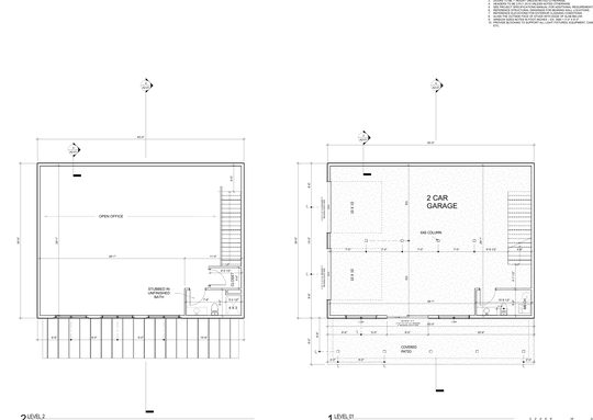 Level plans: garage below, bunkhouse above.