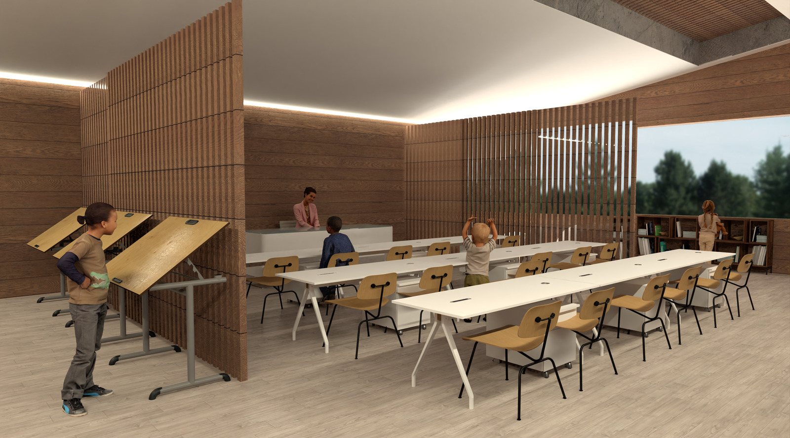 The classroom, worktables and drafting stations.