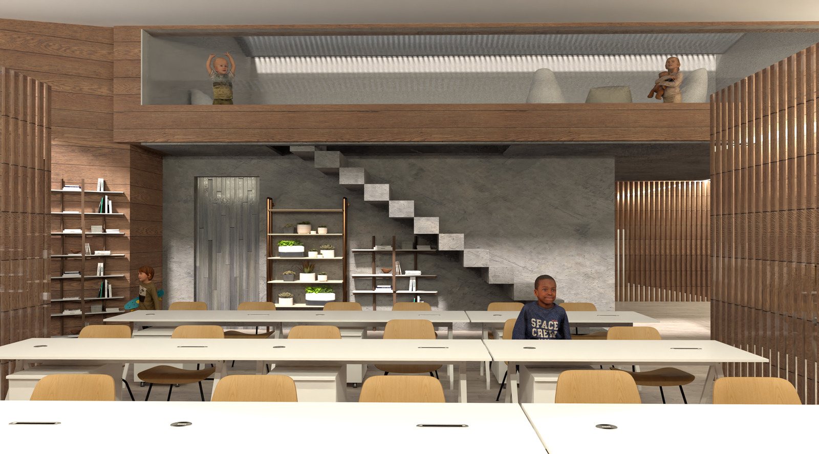 The shared core: stair, storage, and display.